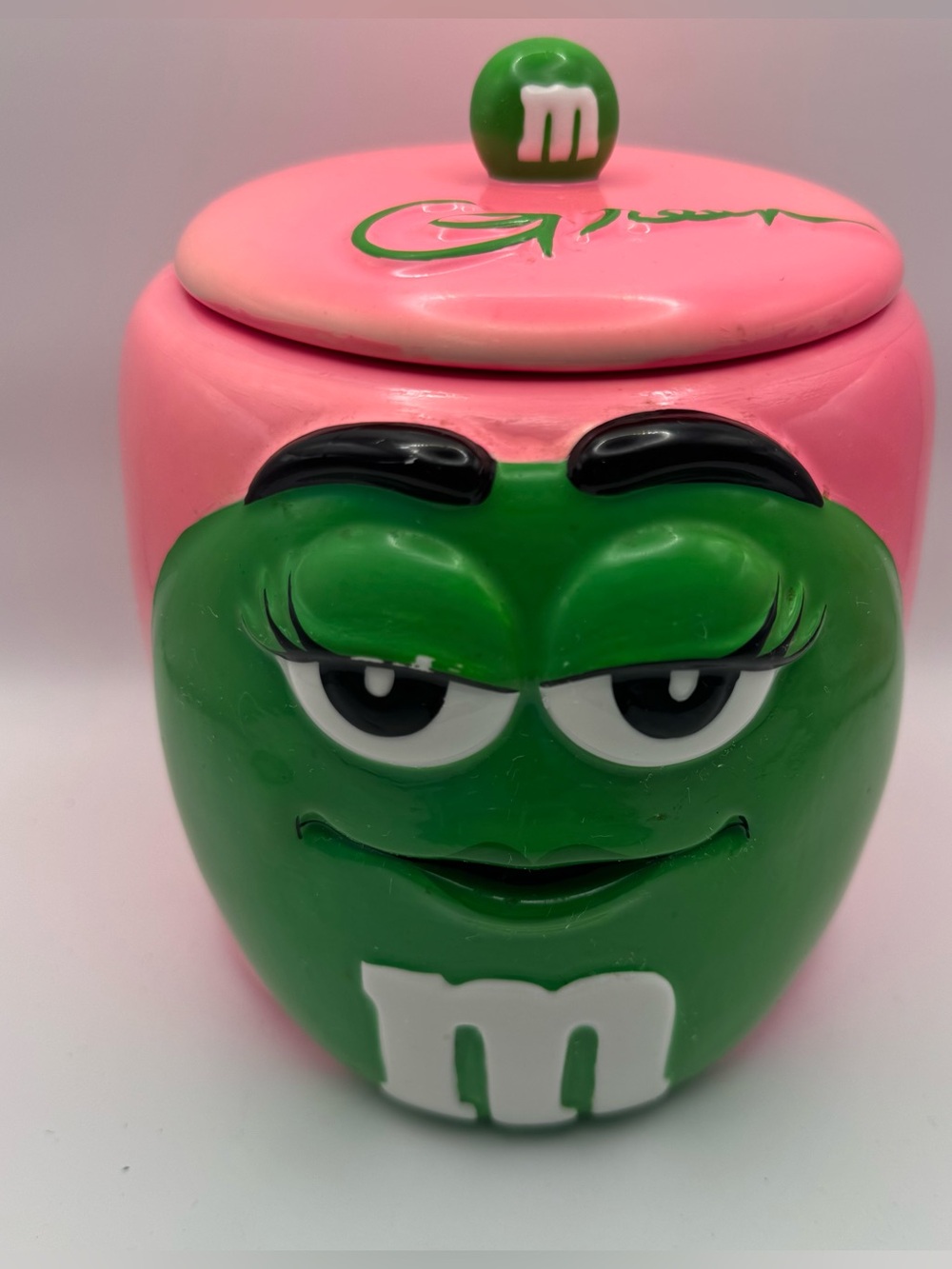 Vintage 2003 M&M’s Green Character Ceramic Cookie Jar Galerie Pink Mars